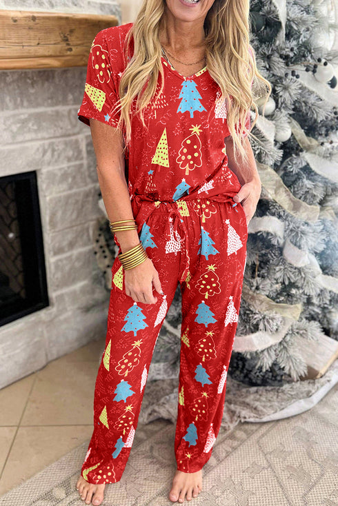 Christmas Tree Print V Neck Tee And Pants Lounge Set